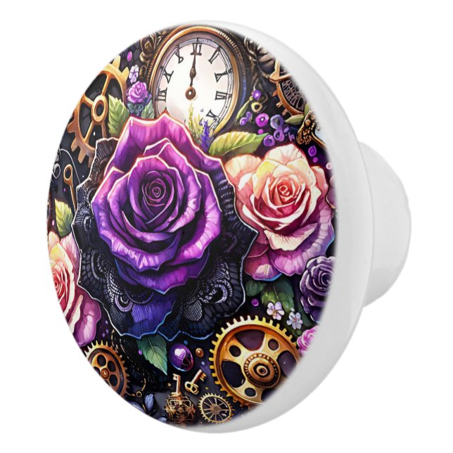 Steampunk Gears and Flowers in Purple and Gold Ceramic Knob (Right)