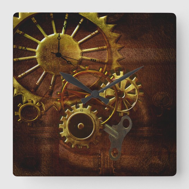 Steampunk Gears and Pipes Square Wall Clock (Front)