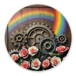 Steampunk Gears and Rainbow Ceramic Knob