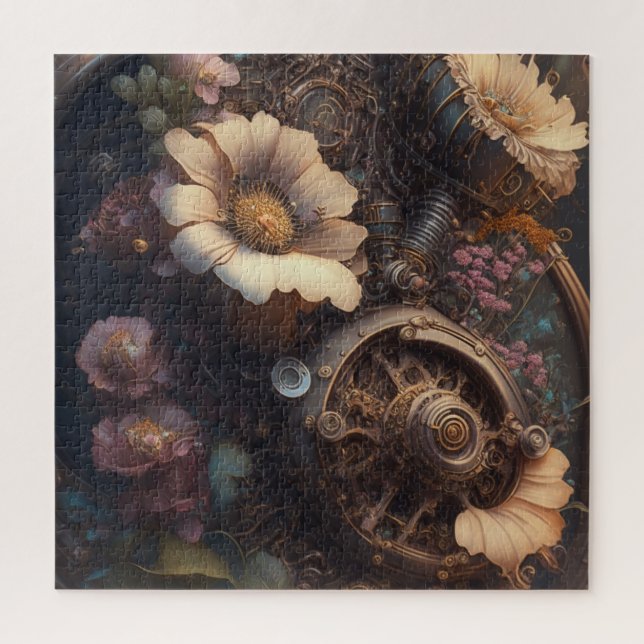 Steampunk Gears and White Flowers  Jigsaw Puzzle (Vertical)