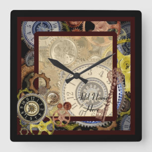 Steampunk Gears Cogs Vintage Personalised Square Wall Clock