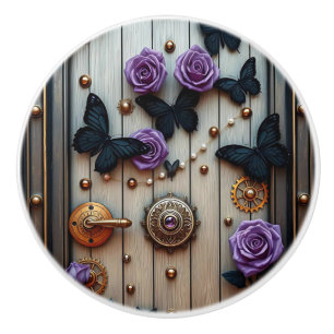 Steampunk Gears, Flowers and Butterflies Ceramic Knob
