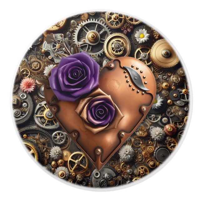 Steampunk Gears, Flowers and Copper Heart Ceramic Knob (Front)