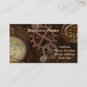 Steampunk Gears, Globe, Compass Artwork Business Card