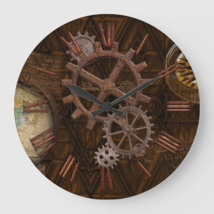 Steampunk Gears, Globe, Compass Artwork Large Clock
