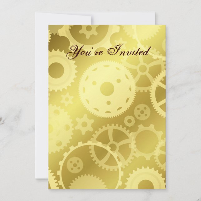 Steampunk gears in gold fancy birthday invitation (Front)