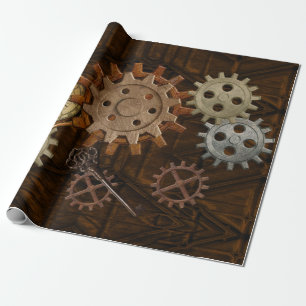 Steampunk Gears on Coppery-look Geometric Design Wrapping Paper