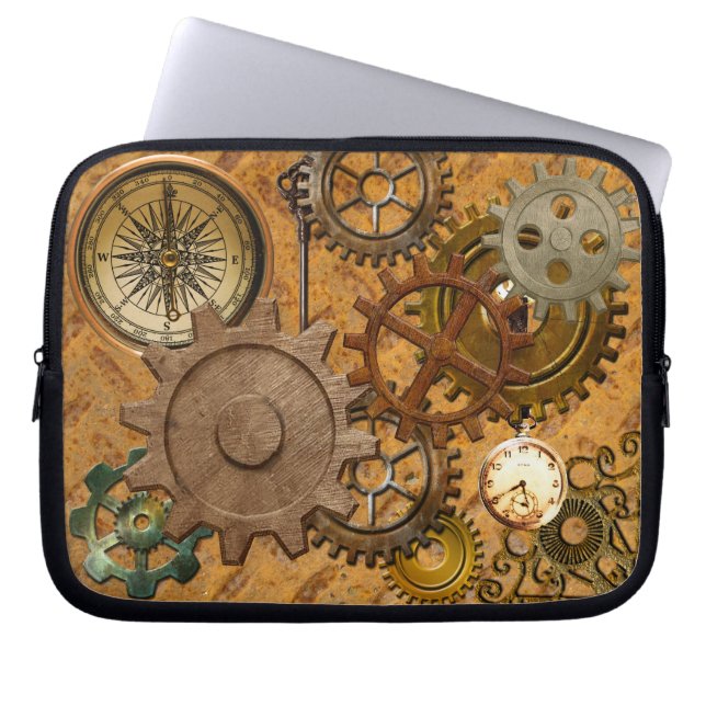 Steampunk Gears on Metal-look Street Plate Design Laptop Sleeve (Front)