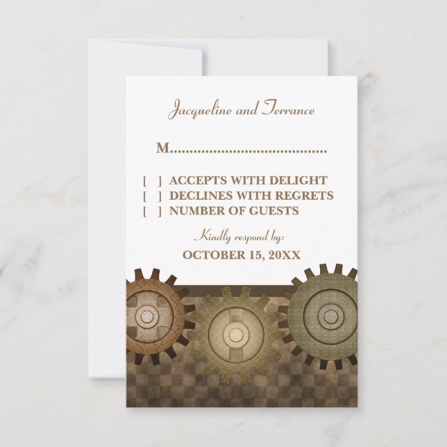 Steampunk Gears RSVP Card, Brown (Front)