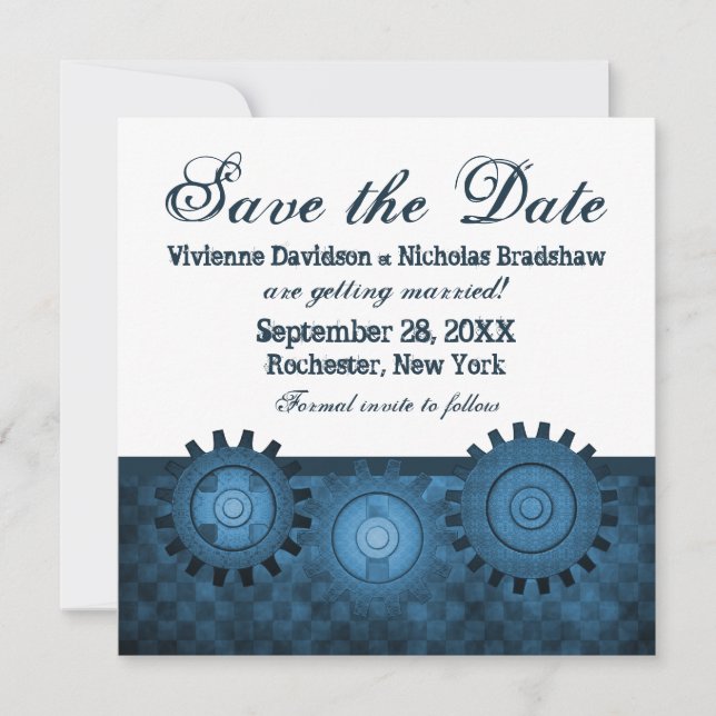 Steampunk Gears Save the Date Invite, Blue Invitation (Front)