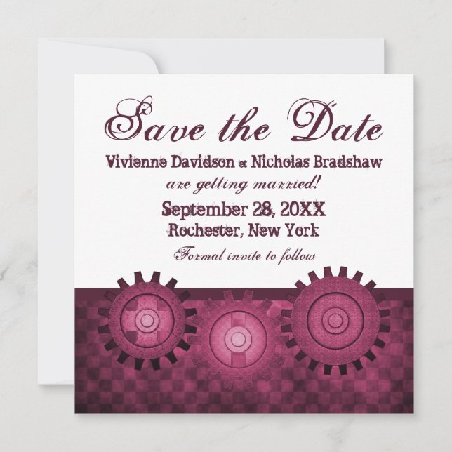Steampunk Gears Save the Date Invite, Fuchsia Invitation (Front)