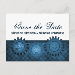 Steampunk Gears Save the Date Postcard, Blue Announcement Postcard