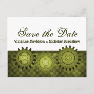 Steampunk Gears Save the Date Postcard, Green Announcement Postcard