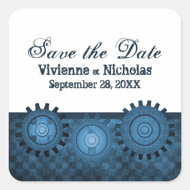 Steampunk Gears Save the Date Stickers, Blue Square Sticker (Front)