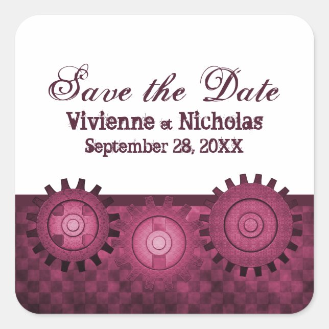 Steampunk Gears Save the Date Stickers, Fuchsia Square Sticker (Front)