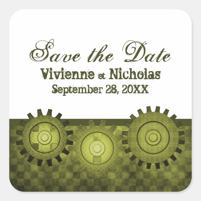 Steampunk Gears Save the Date Stickers, Green Square Sticker (Front)