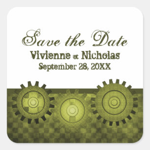 Steampunk Gears Save the Date Stickers, Green Square Sticker