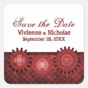 Steampunk Gears Save the Date Stickers, Red Square Sticker