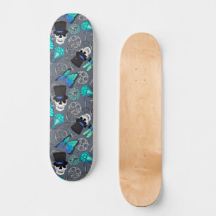 Steampunk Gears Skulls and Butterflies Grey Skateboard