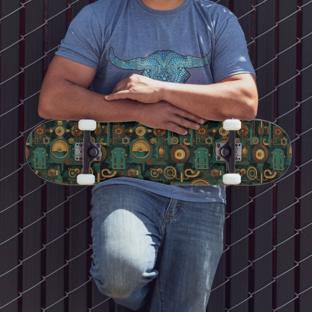 Steampunk Gears Teal Red Gold Skateboard (Outdoor 3)
