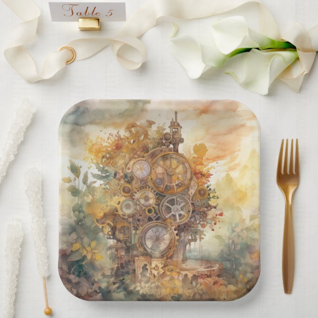 Steampunk Gears Tower Paper Plate (Wedding)