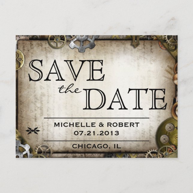 Steampunk Gears Victorian Save the Date PostCard (Front)