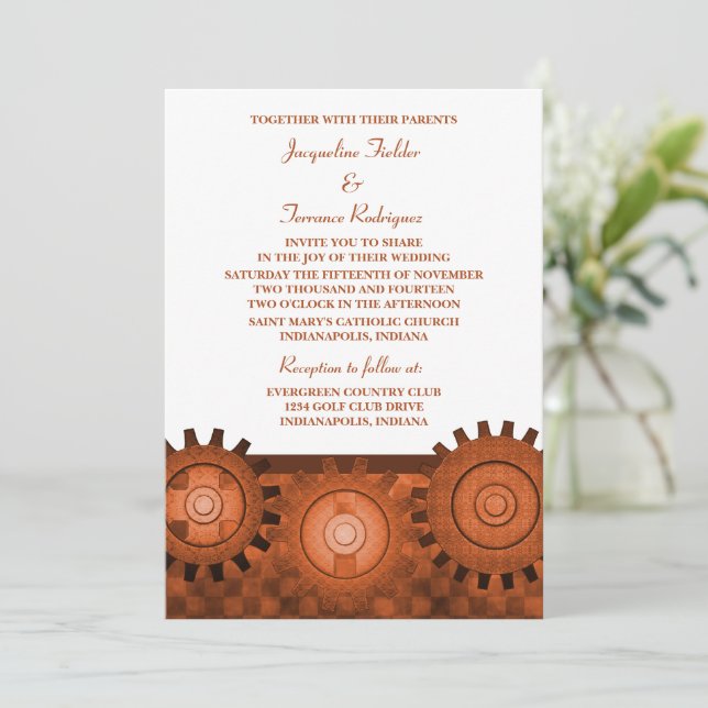 Steampunk Gears Wedding Invite, Orange Invitation (Standing Front)