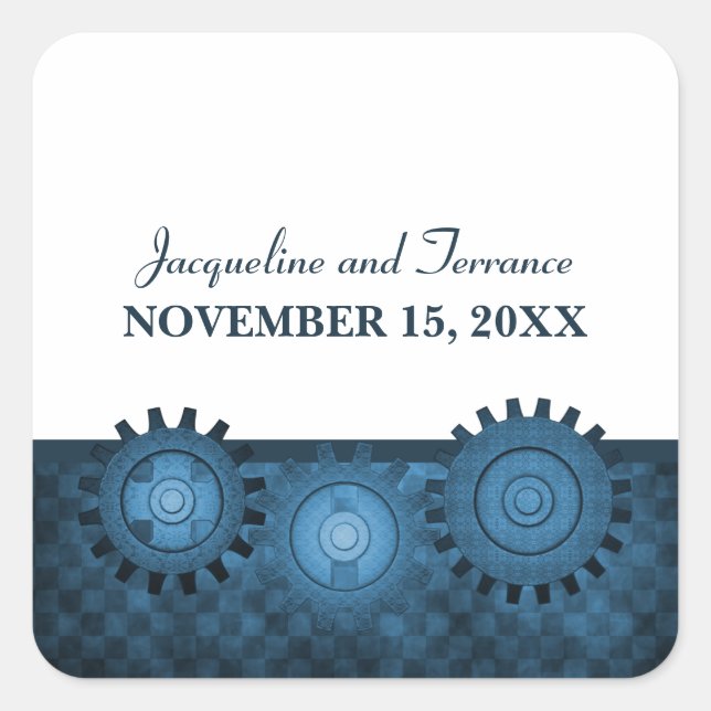 Steampunk Gears Wedding Stickers, Blue Square Sticker (Front)