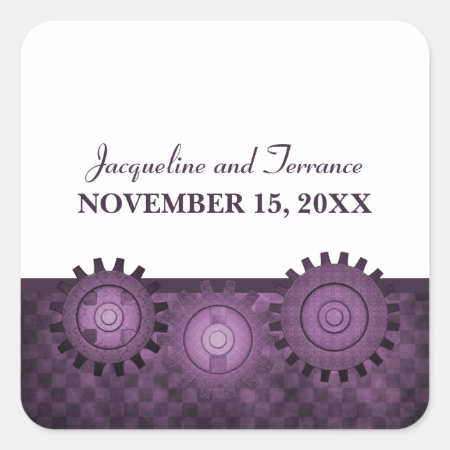 Steampunk Gears Wedding Stickers, Purple Square Sticker (Front)