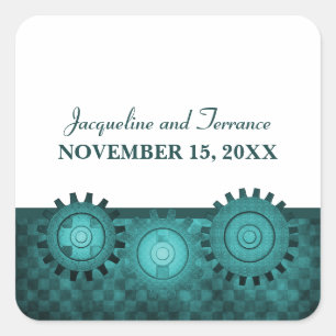 Steampunk Gears Wedding Stickers, Teal Square Sticker