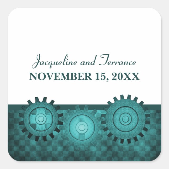 Steampunk Gears Wedding Stickers, Teal Square Sticker (Front)