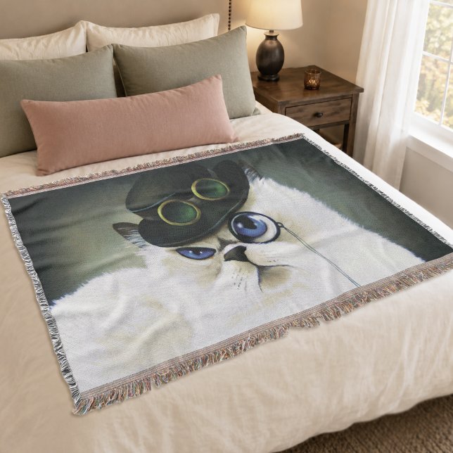 Steampunk Gentleman Cat Monocle Persian Siamese Throw Blanket (Creator Uploaded)