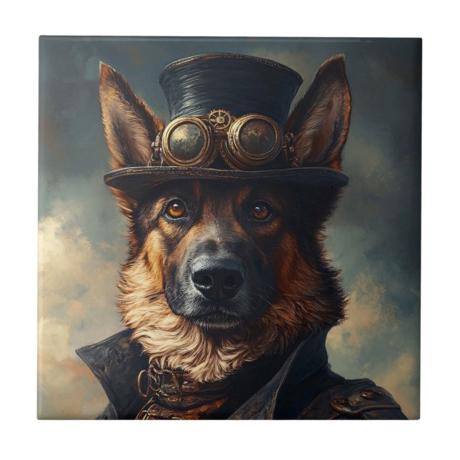Steampunk German Shepherd Dog in Top Hat Ceramic Tile (Front)
