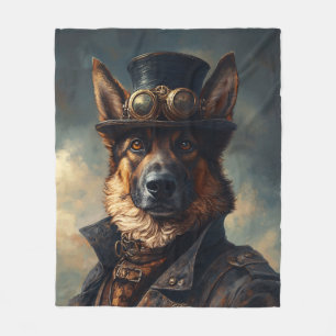 Steampunk German Shepherd Dog in Top Hat Fleece Blanket