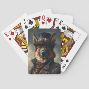 Steampunk German Shepherd Dog in Top Hat Playing Cards