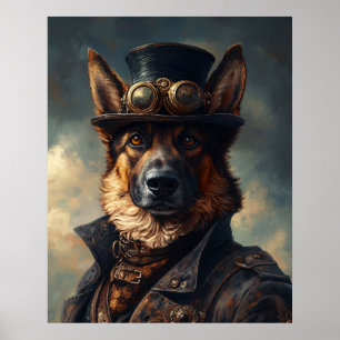 Steampunk German Shepherd Dog in Top Hat Poster