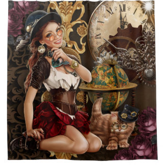 Steampunk Girl Clock and Cat  Shower Curtain
