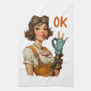 Steampunk Girl Confident OK Gesture Tea Towel