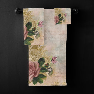 Steampunk Glam   Pink and Gold Rose Rustic Floral Bath Towel Set
