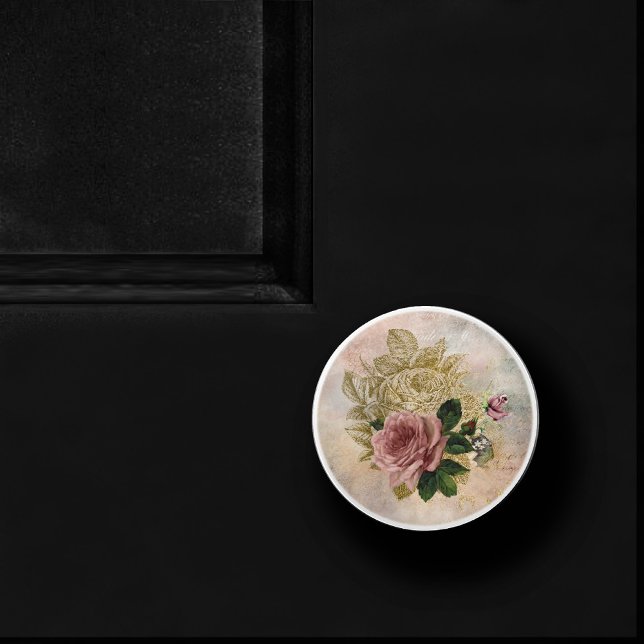 Steampunk Glam | Pink and Gold Rose Rustic Floral Ceramic Knob (Creator Uploaded)