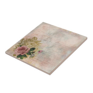 Steampunk Glam   Pink and Gold Rose Rustic Floral Ceramic Tile