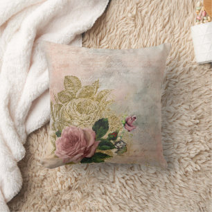 Steampunk Glam Pink and Gold Rose Rustic Floral Cushion