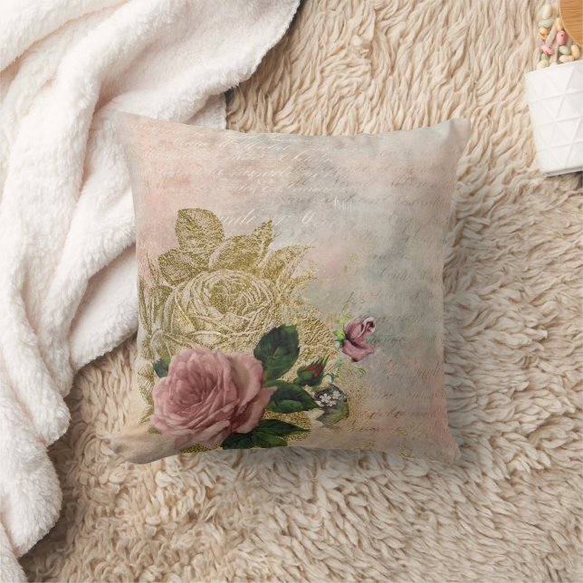 Steampunk Glam | Pink and Gold Rose Rustic Floral Cushion (Blanket)