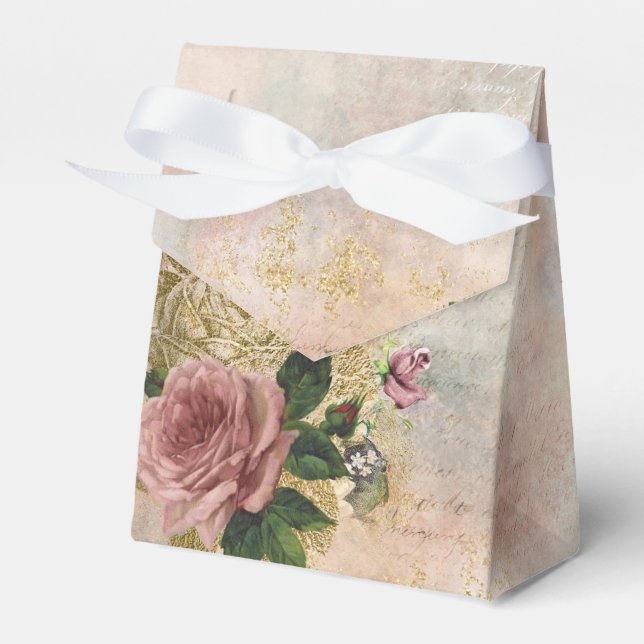Steampunk Glam | Pink and Gold Rose Rustic Floral Favour Box (Front Side)