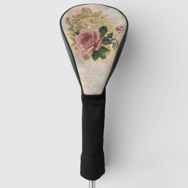 Steampunk Glam | Pink and Gold Rose Rustic Floral Golf Head Cover (Front)