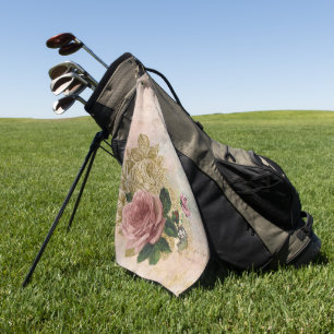 Steampunk Glam Pink and Gold Rose Rustic Floral Golf Towel