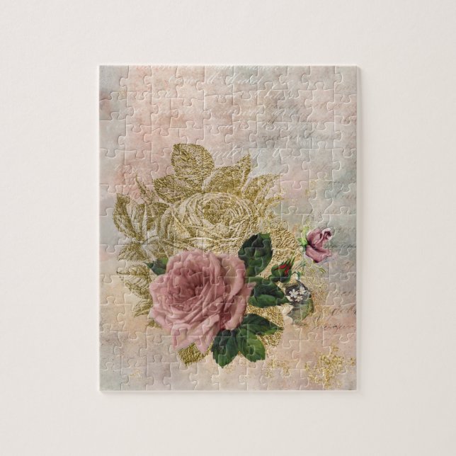 Steampunk Glam | Pink and Gold Rose Rustic Floral Jigsaw Puzzle (Vertical)