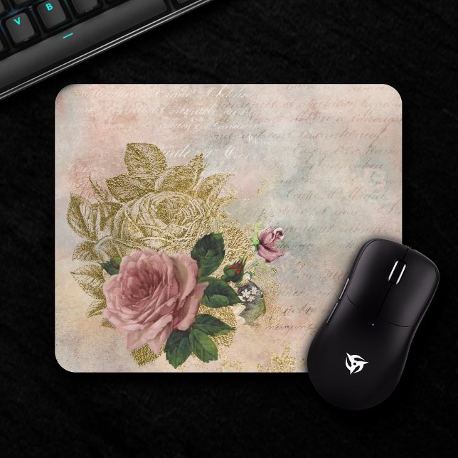 Steampunk Glam | Pink and Gold Rose Rustic Floral Mouse Pad (Creator Uploaded)