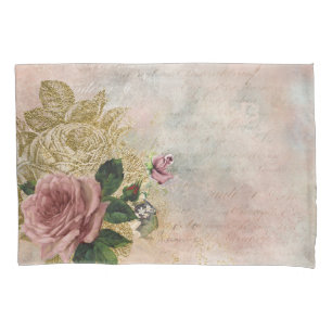 Steampunk Glam   Pink and Gold Rose Rustic Floral Pillowcase