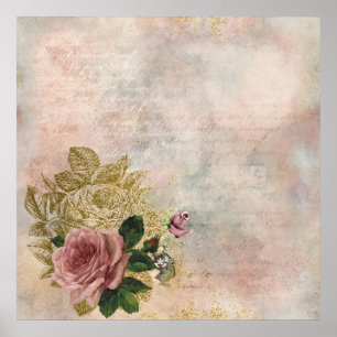Steampunk Glam   Pink and Gold Rose Rustic Floral Poster